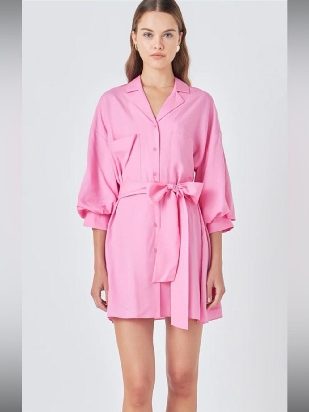 Endless Rose Pink Balloon Sleeve Belted Shirt Dress Size Small
